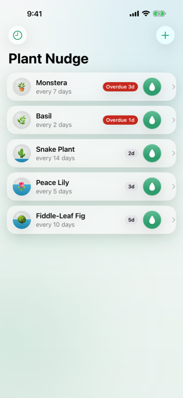 Plant Nudge home screen: a list of plants with badges showing Overdue 2d, Today, and 3d, each with a one-tap water button